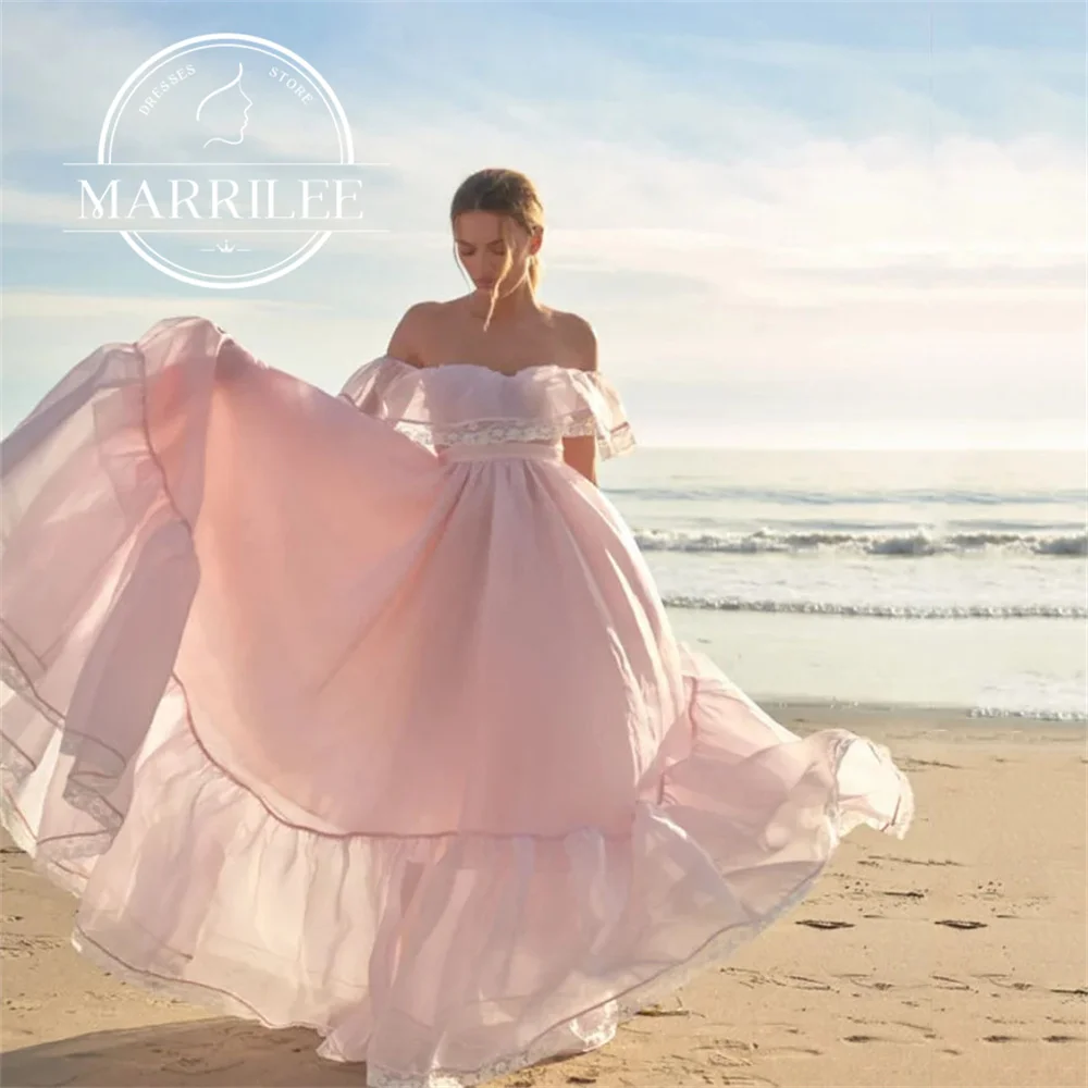 

Marrilee Princess Pink Off Shoulder Pleated Applique Prom Dress charming A-Line Boat Neck Floor Length Organza Evening Gown 2024