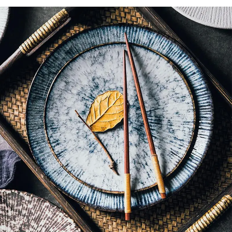 

Japanese Style Striped Steak Plate Round Ceramic Sushi Western Breakfast Snack Kitchen Supplies