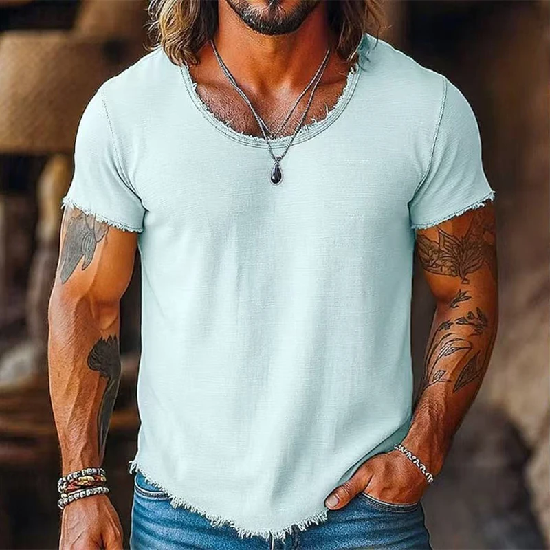

Classic Ripped O Neck Short Sleeve T Shirt Men 2026 Summer Casual Solid Color Loose T-shirts Mens Daily Leisure Pullover Tops