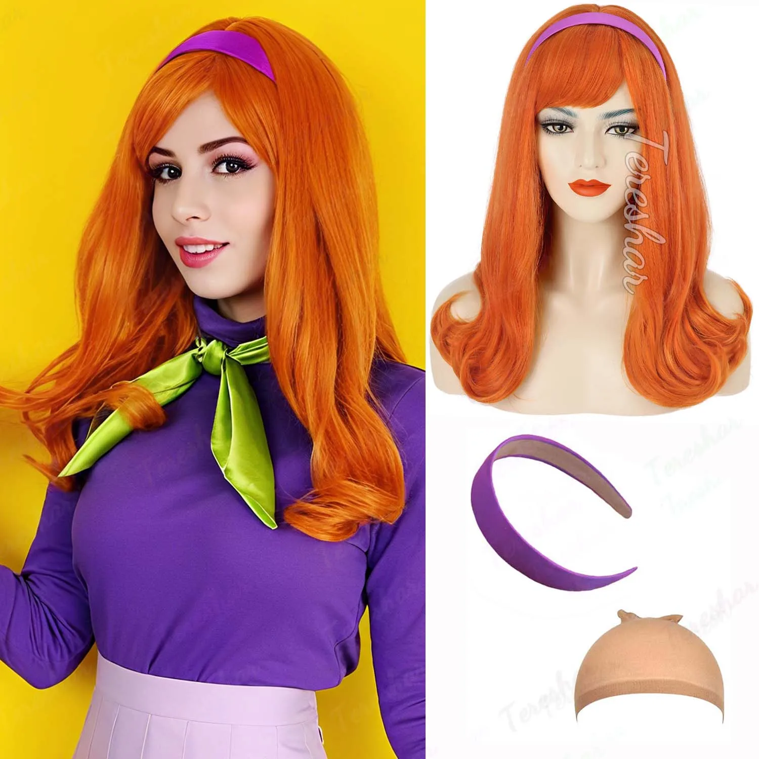 

Synthetic Long Curly Orange Wig+Purple Headband Daphne Costume Wig,Short Brown Wig+Glasses+Magnifying Glass Halloween Velma Wig