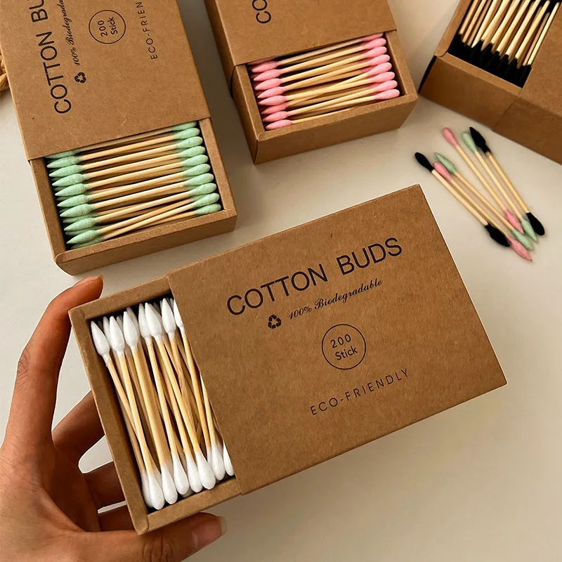 200 Stück Bambus-Wattestäbchen mit Doppelkopf, Bunte Öko-Freundliche Biologisch Abbaubare Holzstäbchen für Ohrenreinigung und Make-up – Detail 3