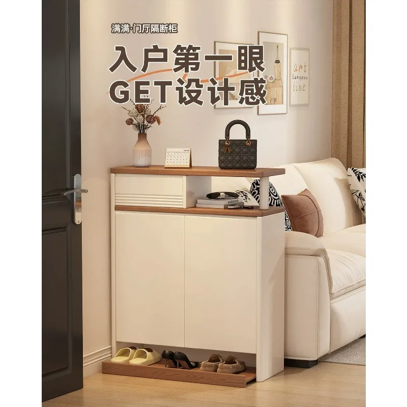 ENF grade cream wind practical wooden shoe cabinet integrated entrance cabinet household door opposite door against wall storage