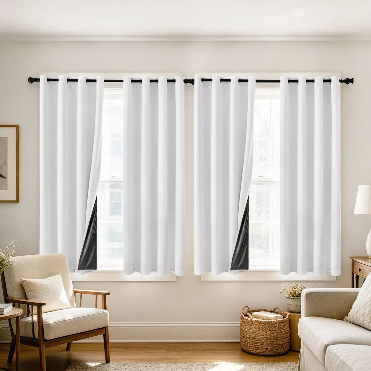 Modern Minimalist White Eyelet Window Curtains, 4 Panels 4-Side Black Coating Full Blackout Thermal Drapes for Bedroom Living Room Apartment Home Decor