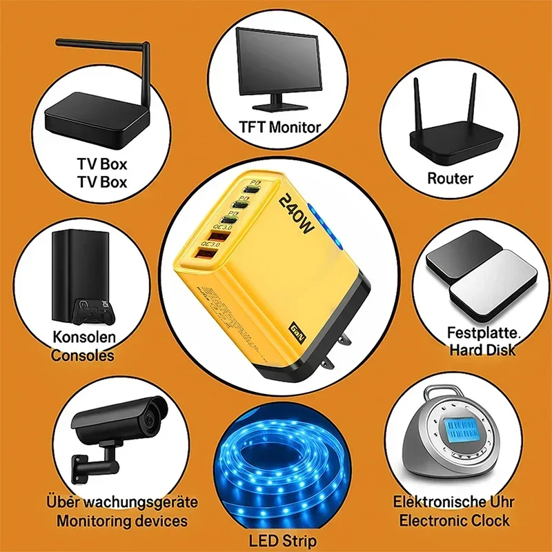 شاحن سريع 240 وات GaN مع ضوء LED 2USB + 3Type-C رأس شحن هاتف متعدد المنافذ لهاتف iPhone وسامسونج وهواوي وشاومي/الكمبيوتر المحمول/الأجهزة اللوحية
