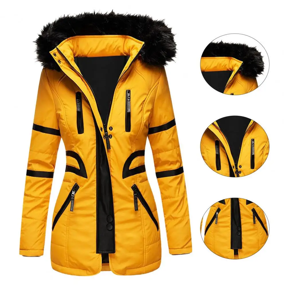 Puffer Jacket Waist Tight Winter Coat All-Match Thermal  Stylish Plush Hooded Elastic Cuff Winter Jacket