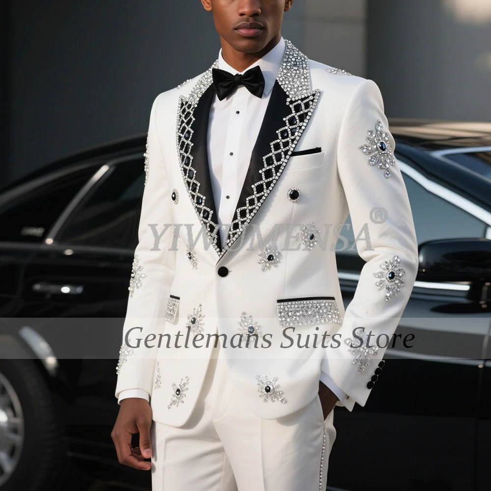 

Luxury Crystals Beaded Wedding Suits For Men Black Peaked Lapel Prom Blazer Outfit 2 Pieces Single Breasted herren anzug komplet