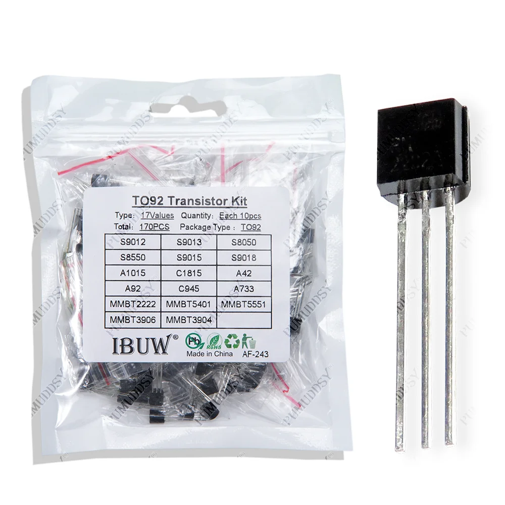 170PCS S9012 S9013 S9014 9015 9018 A1015 C1815 A42 A92 2N5401 2N5551 A733 C945 S8050 S8550 2N3906 2N3904 Transistor Assorted Kit