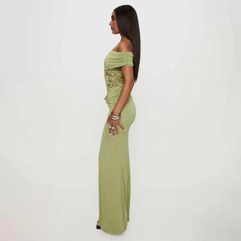 CUTENOVA 2025 สตรีฤดูร้อนใหม่ปิดไหล่สีทึบPatchworkลูกไม้บางสะโพกชุดยาวเซ็กซี่Elegant Dresses