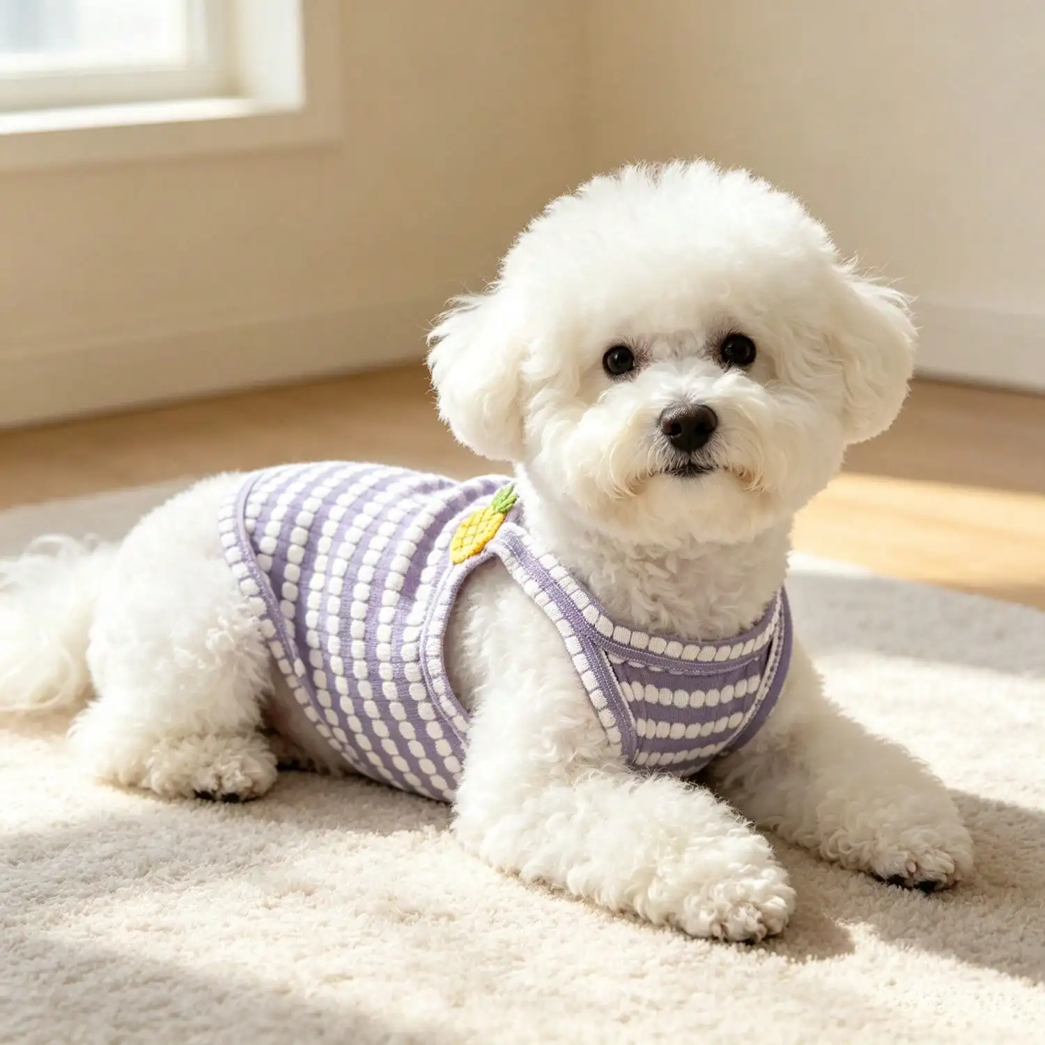 1 Stück gestreiftes Strick-Hundetanktop mit 3D-Frucht-Blumen-Ornament, atmungsaktive Welpenweste für kleine Hunde – Detail 15