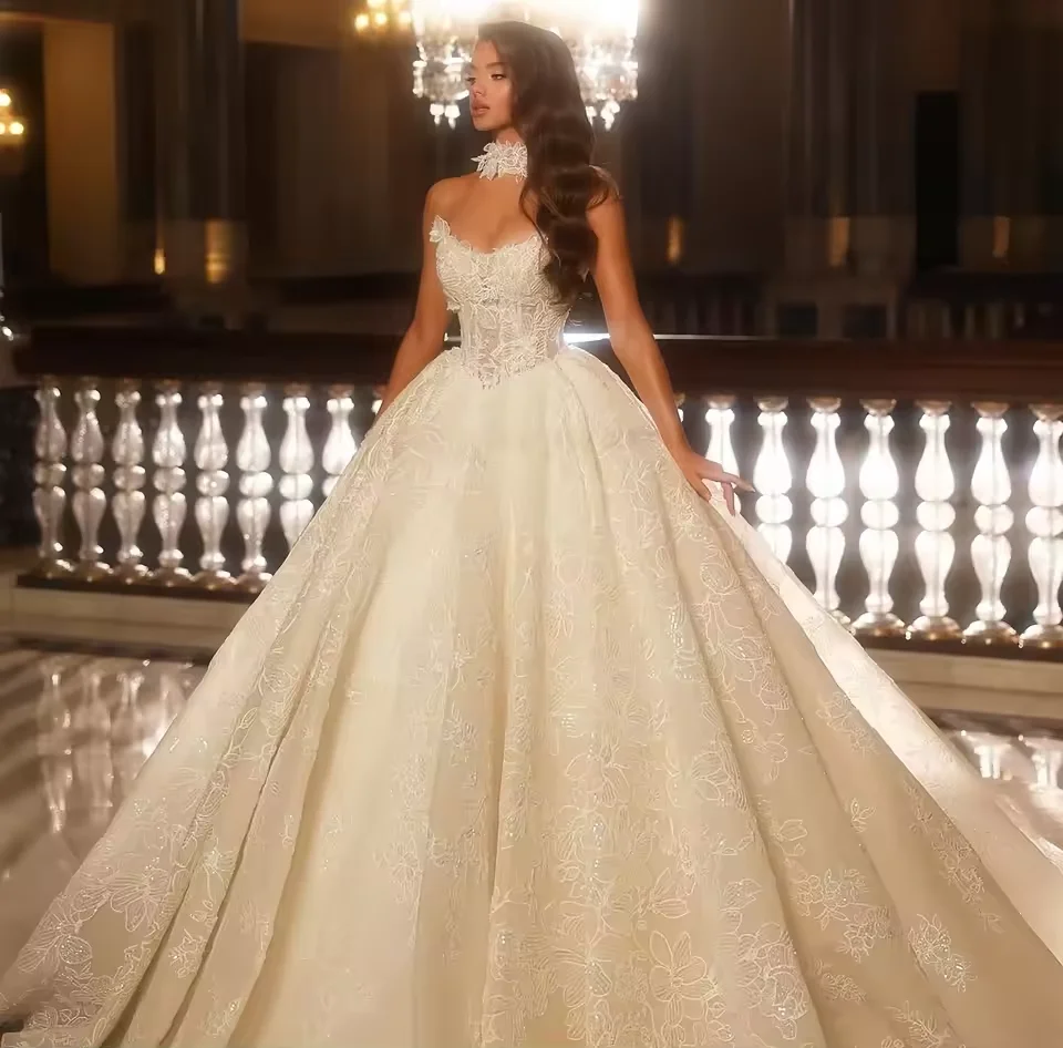 

Customized Exquisite Lace Princess Ball Gown Wedding Dresses 2025 Sleeveless Bridal Gown Sexy backless Vestidos De Novia