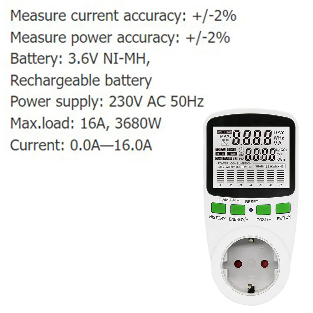 Socket Power Meter with Large LCD Display for Accurate Real Time Monitoring of Power Voltage Current and Energy Usage in Home