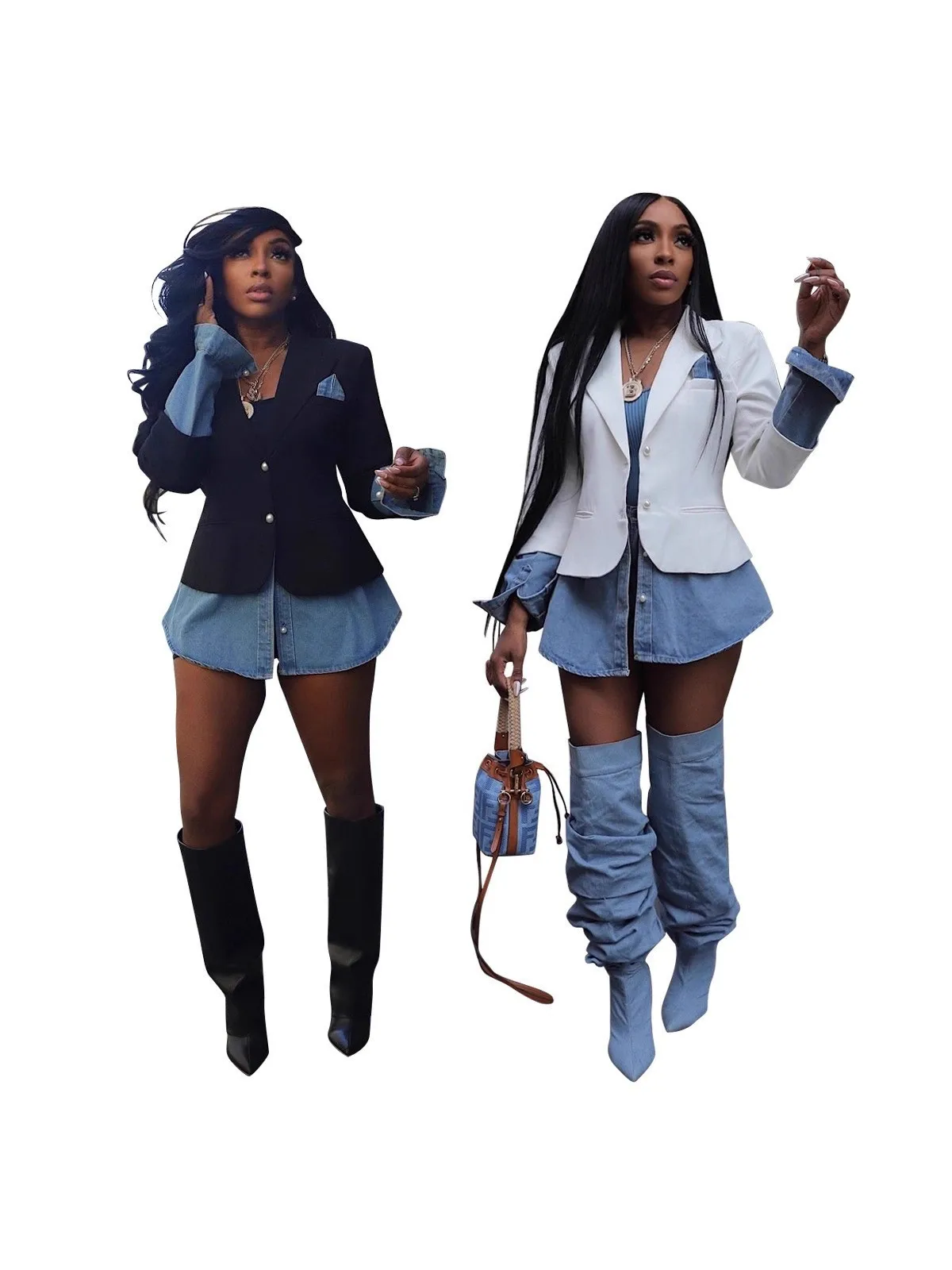 

Slim Fit Patchwork Denim Suit Jacket Women's Long Sleeve Collar Winter Fashion Outerwear Three Piece Set Middle Age Suit...