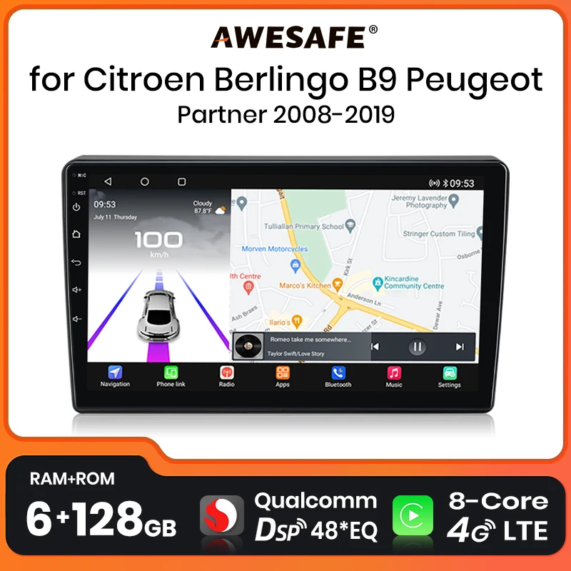 Awesafe Qualcomm chip 8-Core Android13 Car Radio For Citroen Berlingo B9 Peugeot Partner 2008-2019 Wireless CarPlay Autoradio