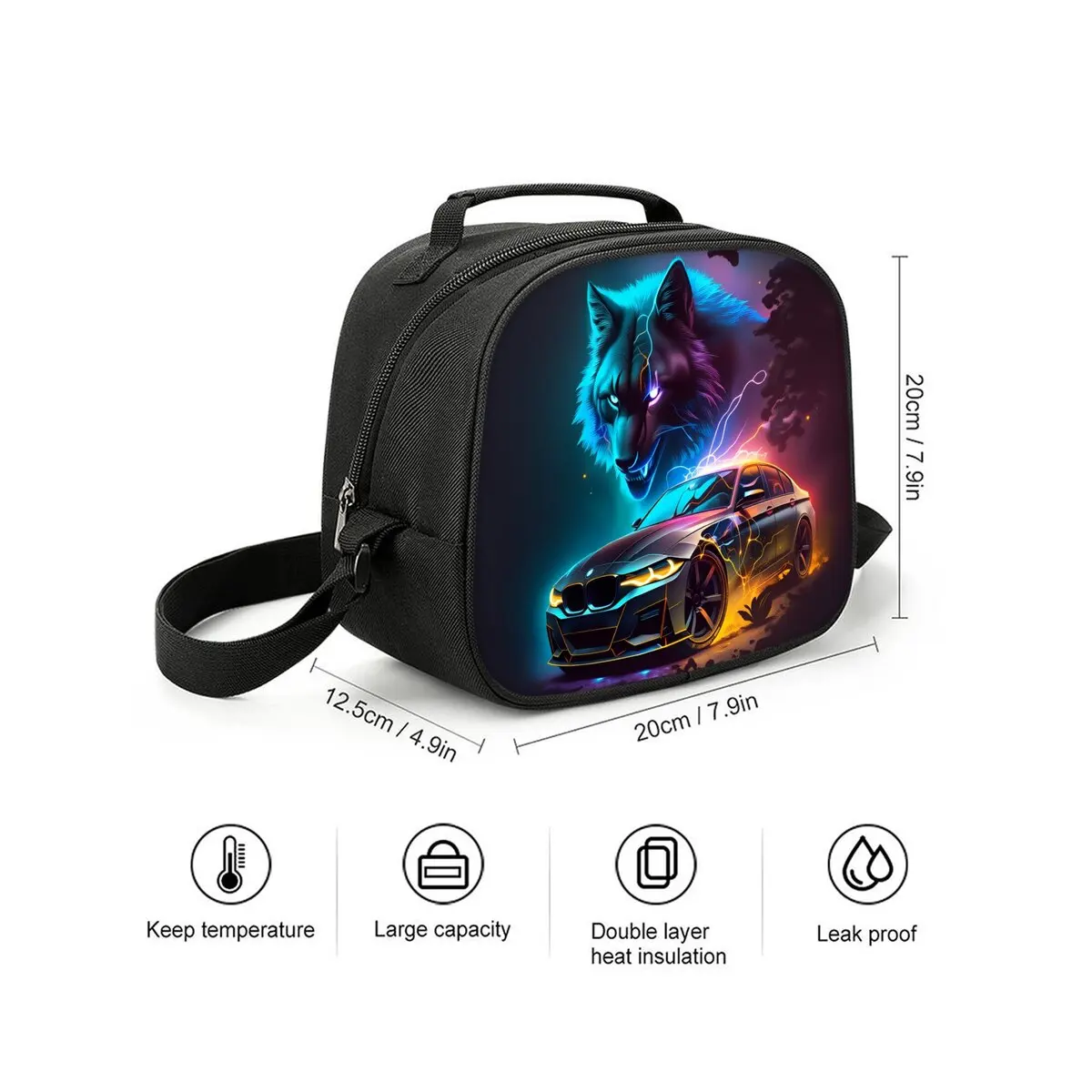Wolf and Racing Print Shoulder Strap Insulated Lunch Bag Eco-Friendly Waterproof Thermal Cooler Reusable Student Bento Food