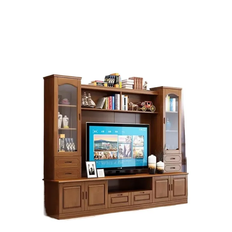 Chinese solid wood TV cabinet combination, modern simple living room wine cabinet bookcase integrated multi-function