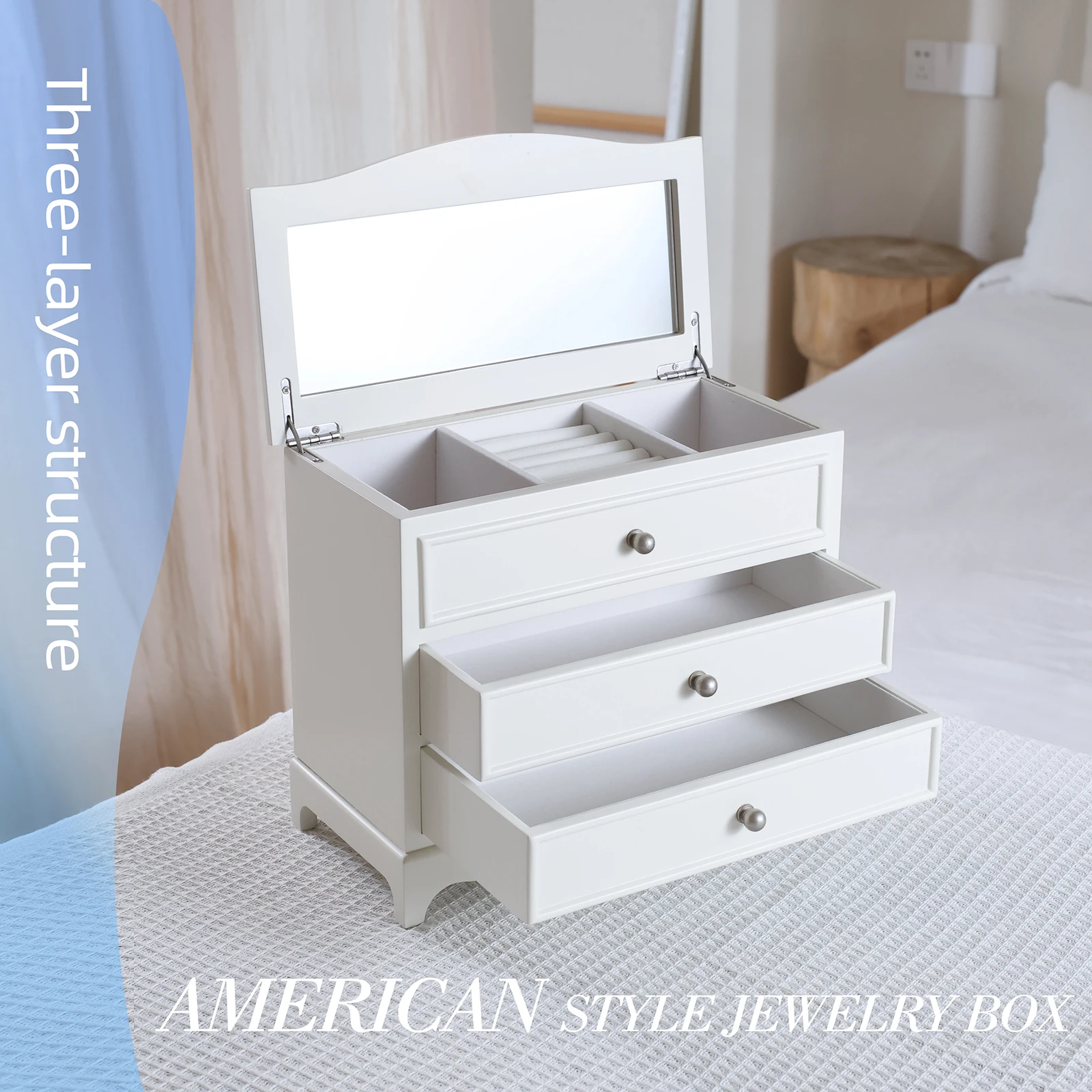 

Jozen Gift Wooden White Three Layers Jewelry Box with Mirror for girls and Women,Jewelry Storage Chest,Gift for Birthday,Valent