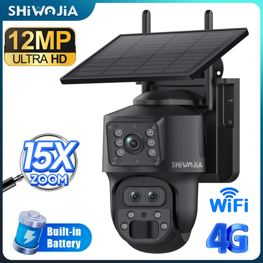 SHIWOJIA كاميرا تعمل بالطاقة الشمسية 4G SIM/WIFI 6K 12MP 15X ZOOM ثلاثة عدسات تسجيل شاشة مزدوجة تتبع السيارات البشرية اللون للرؤية الليلية UBox