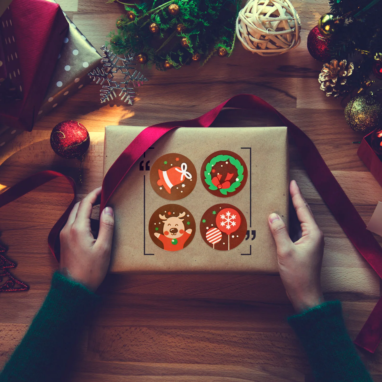 

100Pcs Christmas Stickers 2Rolls 1Inch 15Inch Kraft Paper Labels Gift Tags Packing Sticker Xmas Decal Holiday Decorations