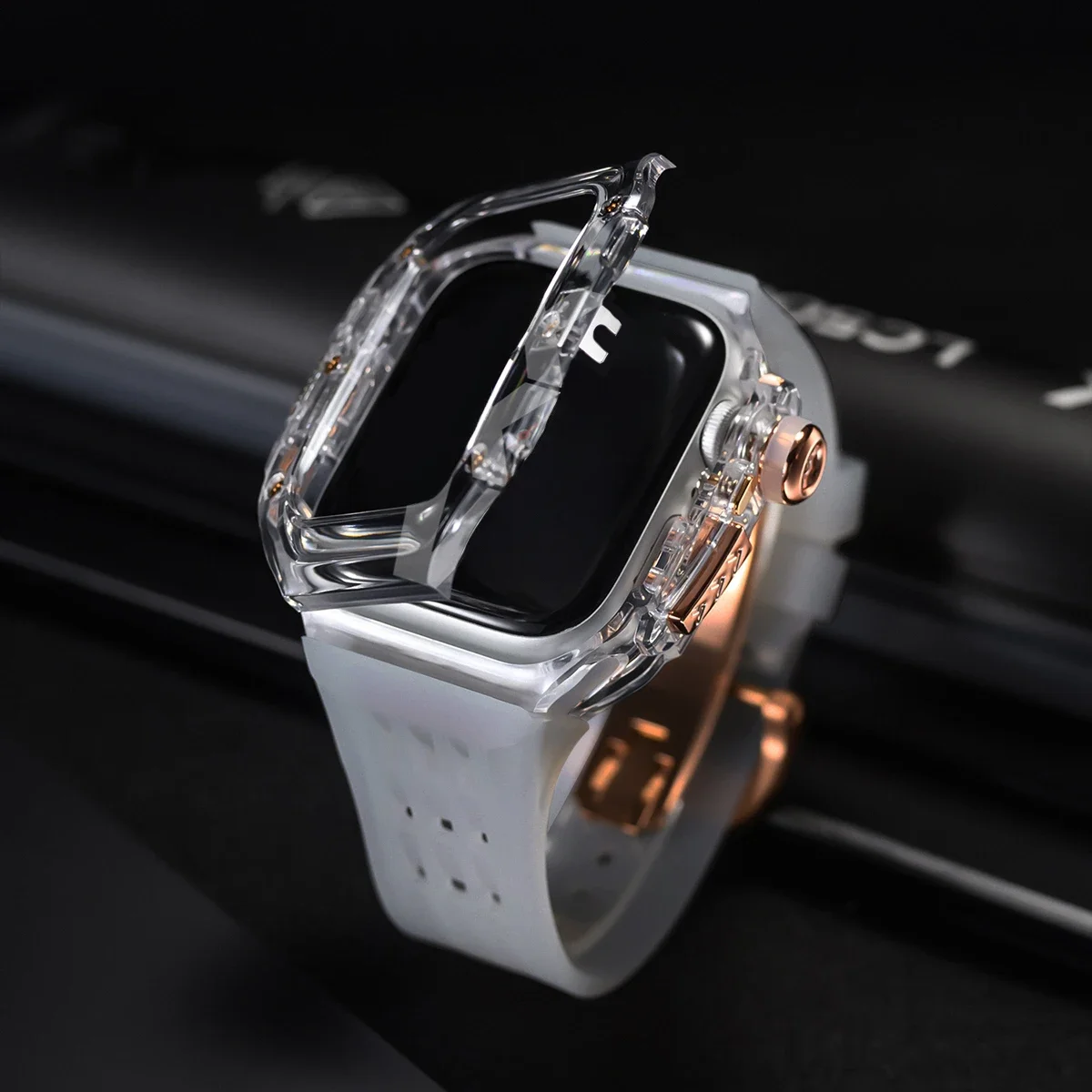 Luxury Modification Kit for IWatch Series 9 8 7 6 5 4 SE 45MM 44MM Transparent Case+Rubber Strap for Apple Watch 9 45mm Mod Band