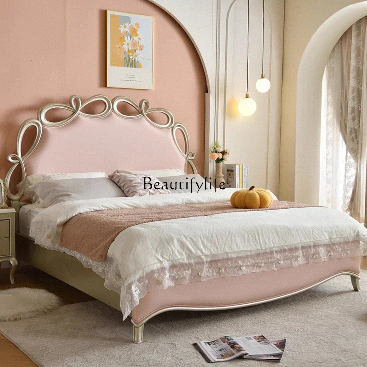 

yj19 French light luxury solid wood bed master bedroom double bed American soft bag floor storage bed