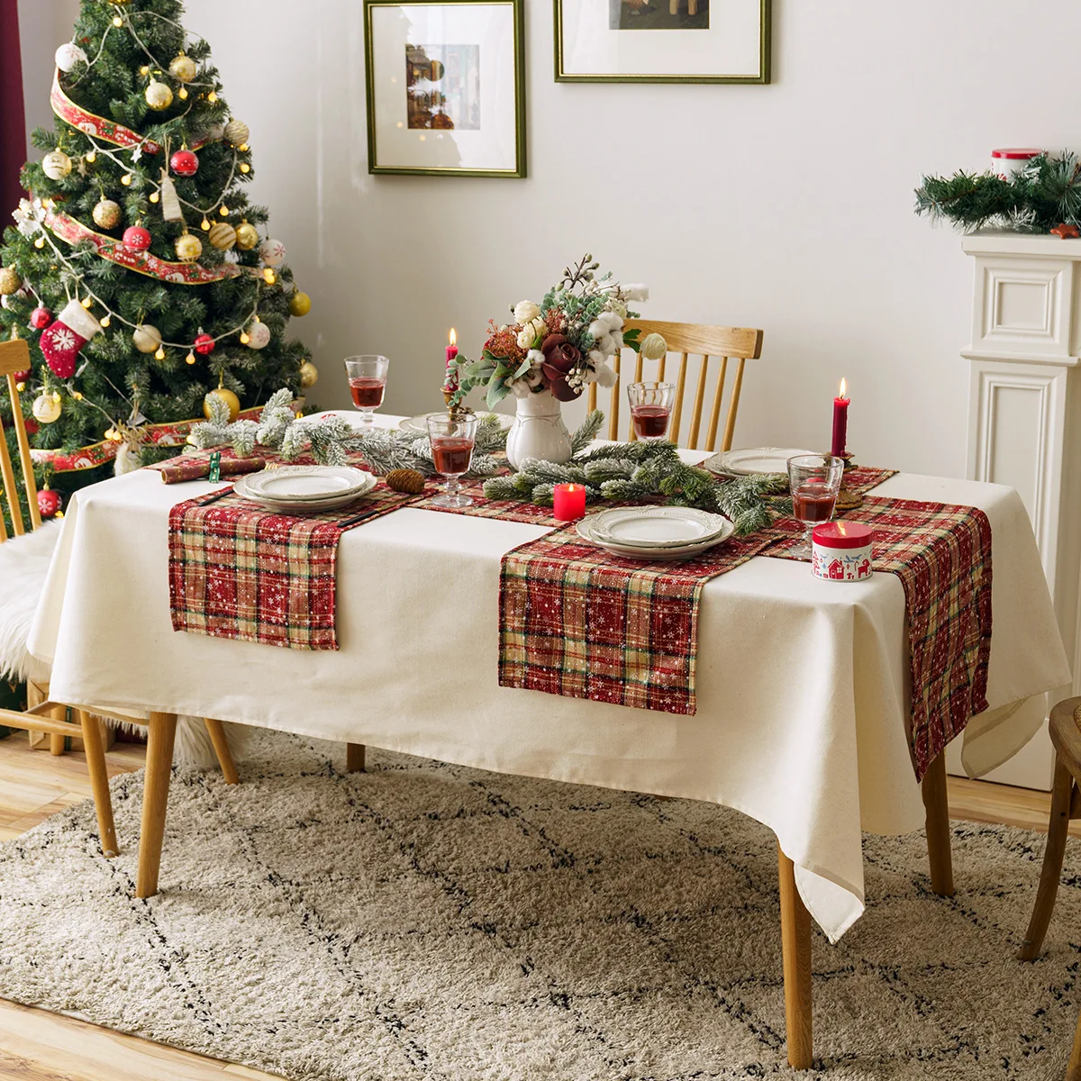 Christmas Table Runner Plaid Table Runner (Red and Beige) 13 x 72 inch Farmhouse Xmas Winter Snowflake Table Lines Runner