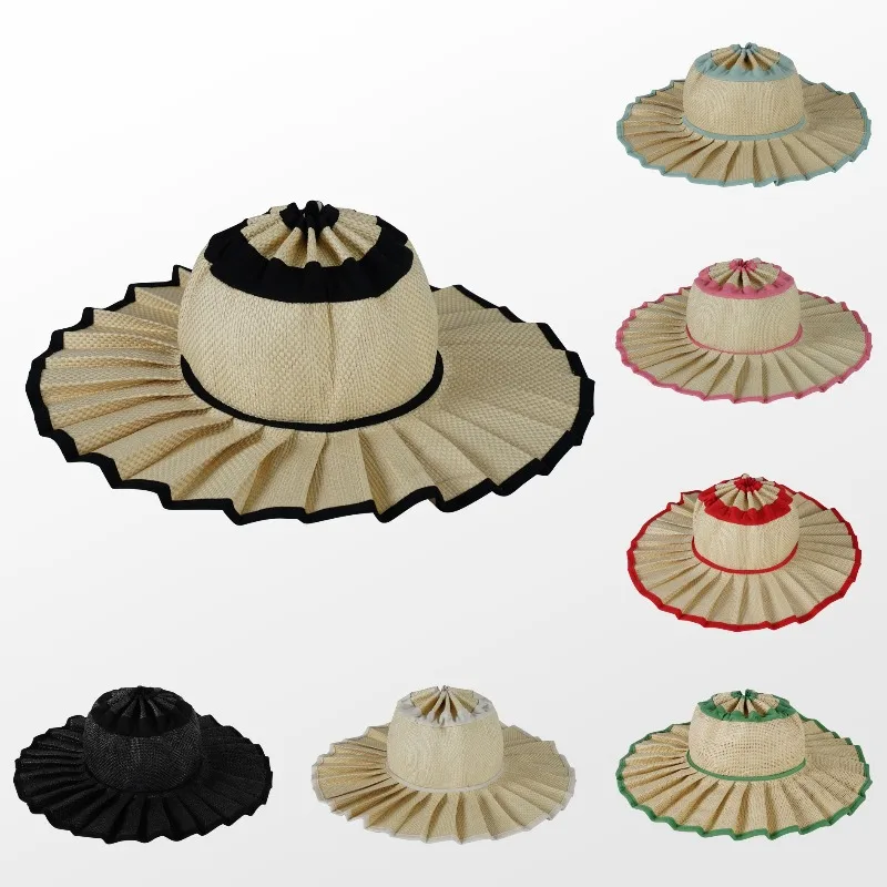 Summer Ladies Pleated Straw Sunhat Foldable UV Protection Wide Brim Cap Fashion Casual Outdoor Travel Beach Sun Visor Hat