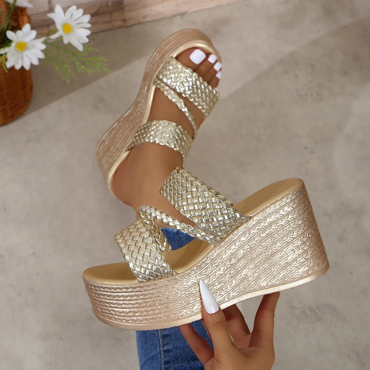 Summer 9cm High Heels Wedge Heels Slippers Weave Women Platform Sandals Clog Shoes Slides Gold Shoes Size 36- 43
