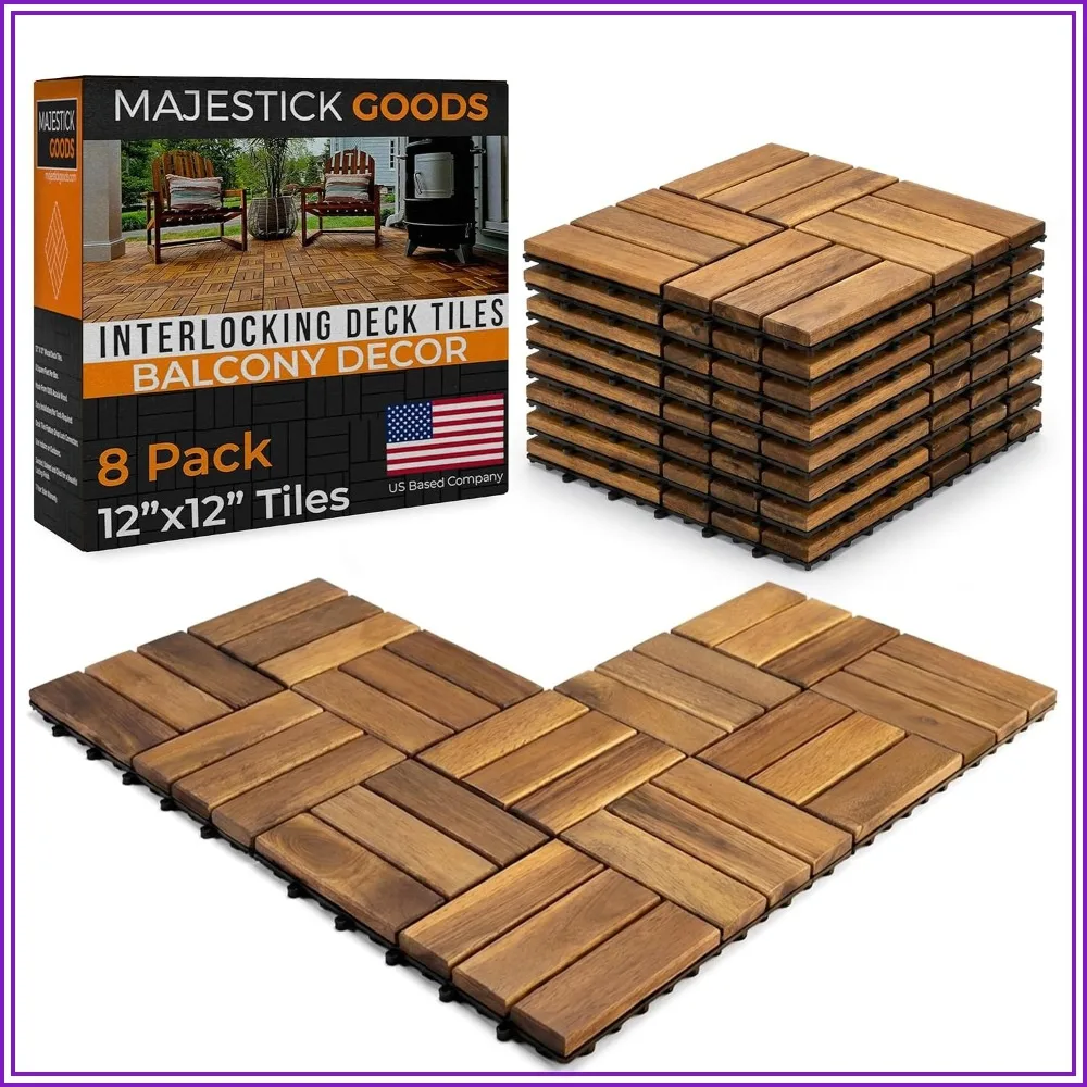 8-Pack Acacia Wood Interlocking Deck Tiles, 12x12x0.9 Inch, Easy Snap-Together Patio Flooring with Raised Base Drainage, Covers 8 Sq Ft