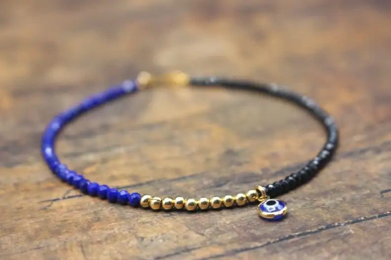 Lapis Evil Eye Bracelet in Black Tourmaline - 14 karat gold 、 Afghan Lapis 、Vibrant Lapis 、 Evil Eye 、amulet