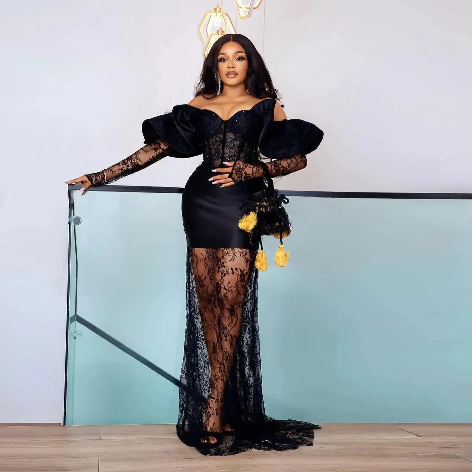 

Customized Mermaid Sexy Black Lace Aso Ebi Style Ball Dress Off Shoulder Sweetheart Long Sleeve African Formal Occasion Dress