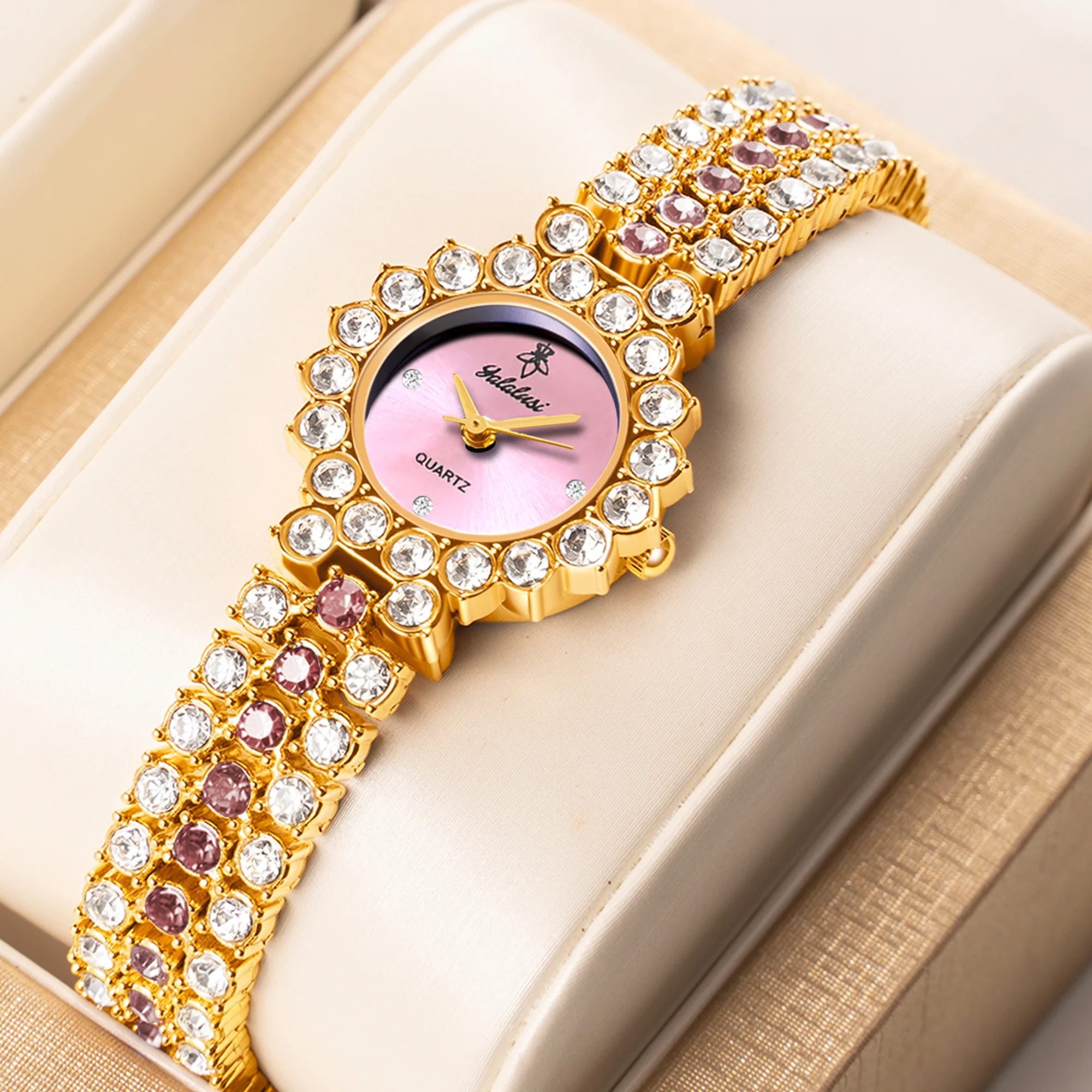 

YaLaLuSi Luxury Ladies Crystal Diamond Bracelet Watch Gold Case Pink Face Elegant Small Face Waterproof Watch