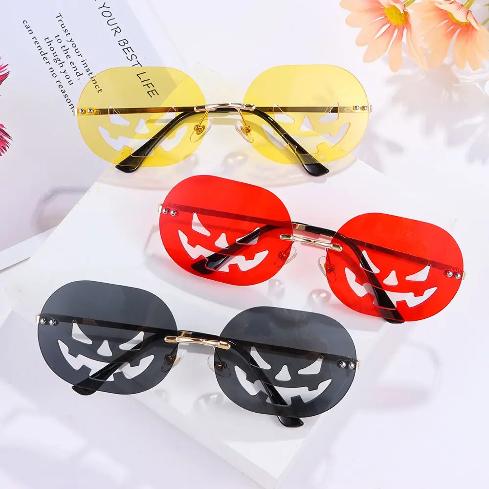 Trendy Pumpkin Glasses Retro Rimless Sunglasses for Women Men Vintage Oval Cutout Funny Halloween Party Glasses