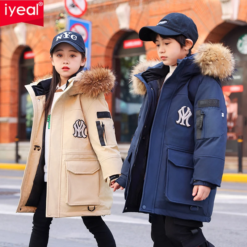 

IYEAL Kids Boys Winter Hooded Fur Warm White Duck Down Coat Parkas Medium Long Jackets Children Outerwear 4-14 Years