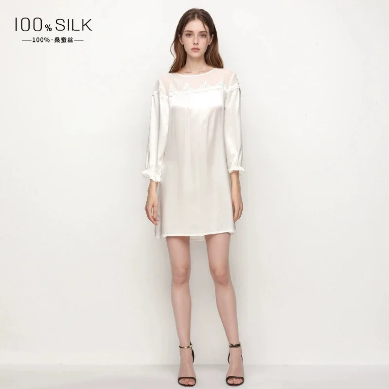 2025 New Summer Style Women's French-Style Silk Nightdress - 100% Mulberry Silk Baby-Sleeve High-End Loungewear Short Dress