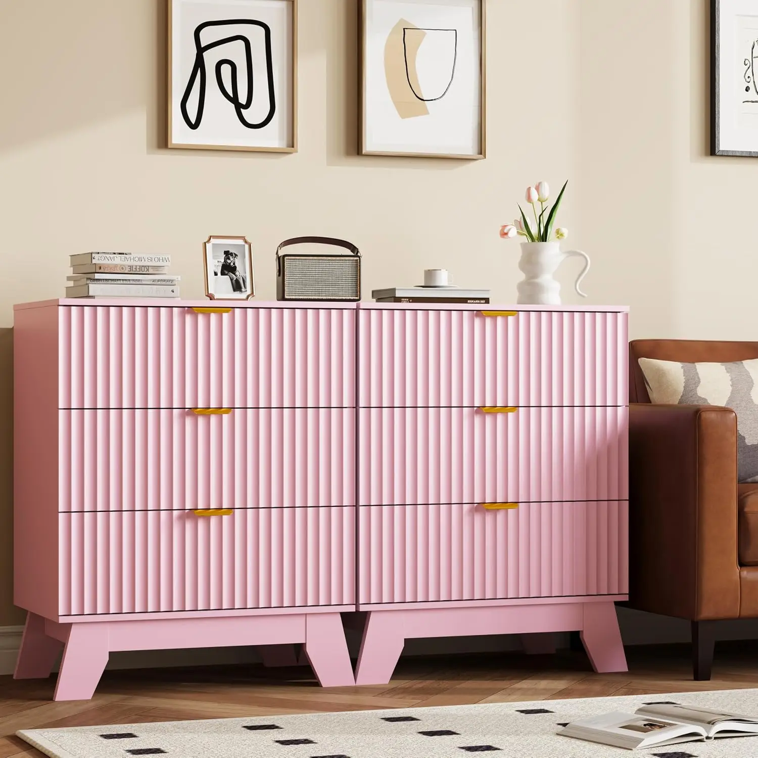 Fluted Nightstands Set Of 2 Bedside Table With 3 Drawers Pink, Customized