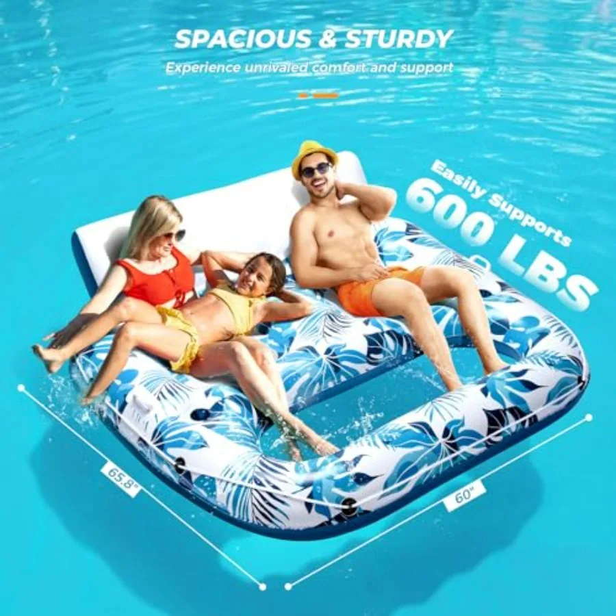Pool float for adults, 1-3 person inflatable lounger in blue, extra-large tanning recliner with backrest, footrest, cup holder,