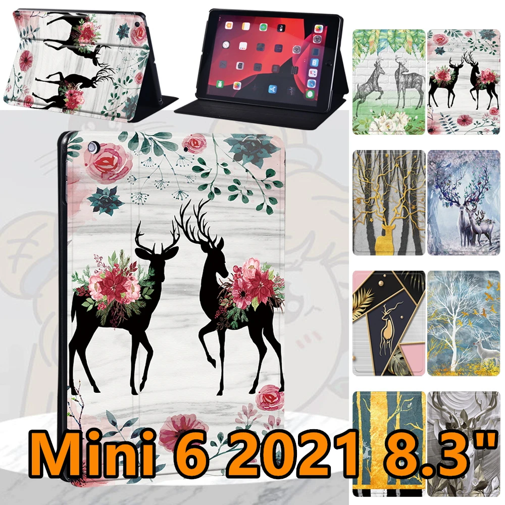 Pu Leather Tablet Stand Case for IPad Mini 6 8.3inch 2021 A2567/A2568/A2569 Deer Print Pattern Shockproof Protective Covers