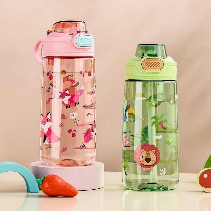 550ml Kids Cartoon Animal Water Bottle with Safety Lock Portable Leak-proof Straw Cup for Outdoor Camping Travel