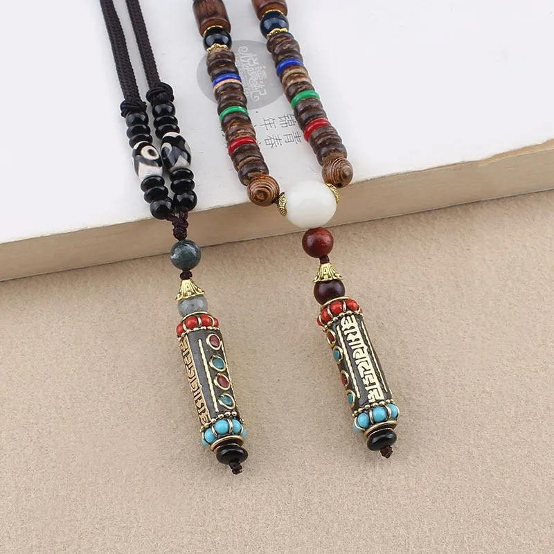 Tibetan Buddhist Handmade Simple Rope Chain Mantra Sign Six Words Pendant Necklace Buddhism Three Eyes Dzi Beads Amulet Necklace