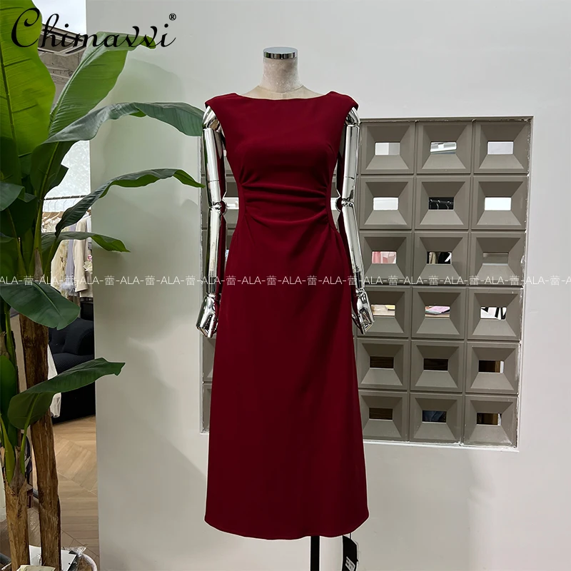 

French Elegant Simple Socialite Evening Dress Round Neck Sleeveless High Waist Slim A-line Temperament Red Long Dress for Women