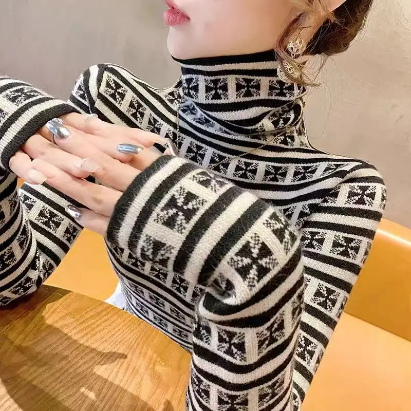 Women Clothing Elegant Fashion Slim Knit Pullover Autumn Casual All-match Long Sleeve Turtleneck Sweater Office Lady Striped Top