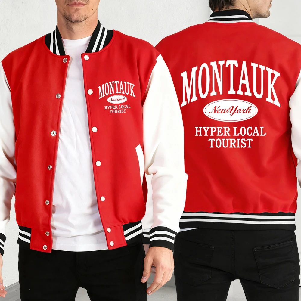 

Montauk New York Hyper Local Tourist Print Jackets Men Autumn Fleece Streetwear Button Loose Baseball Jersey Unisex Casual Top