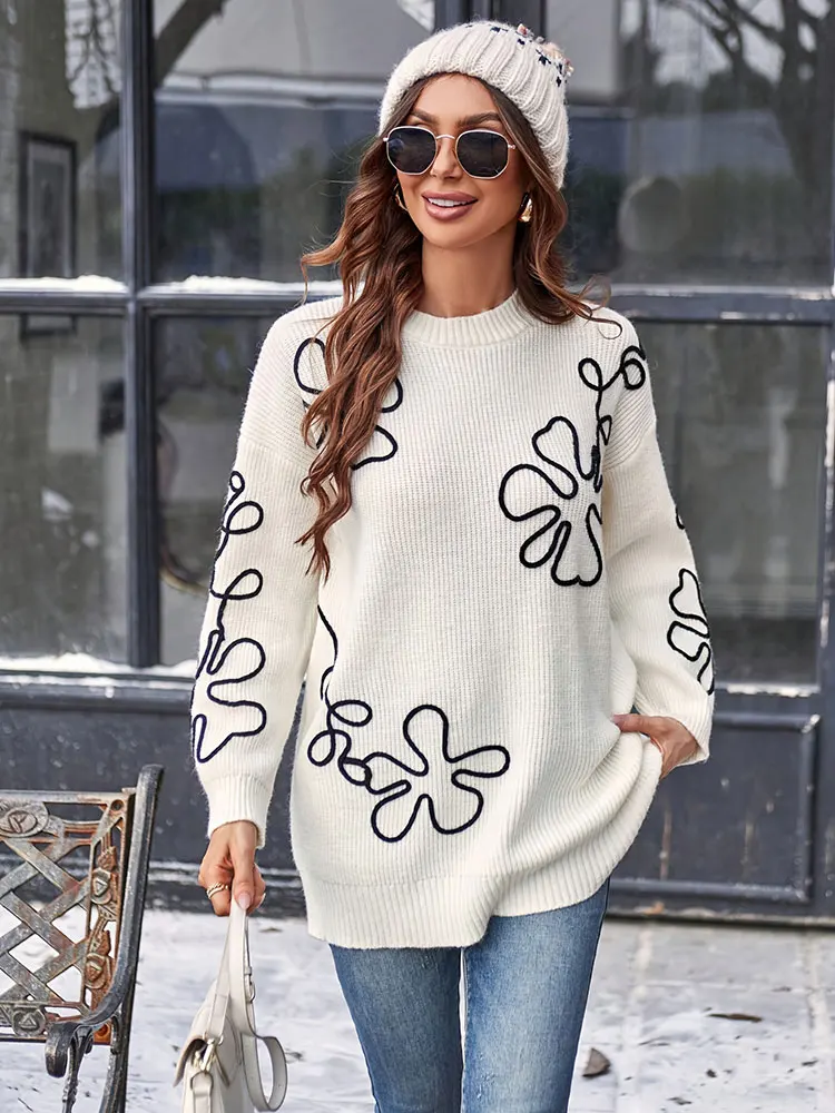 

New Casual Printed Floral Round Neck Long Sleeve Pullover Higher Quality Soft Beige Warm Knit Sweater Women's Fashion Top 2025