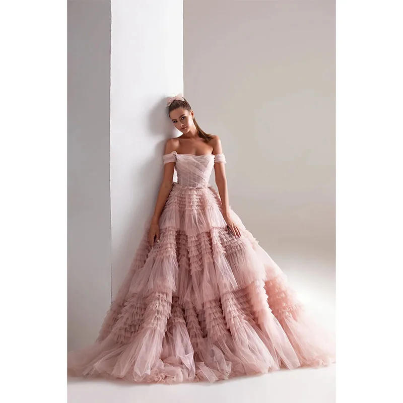 

Pink Tulle Prom Dresses Multilayered Ruffles Party Dresses Off The Shoulder Ruched Floor-Length Custom Made Evening Dress