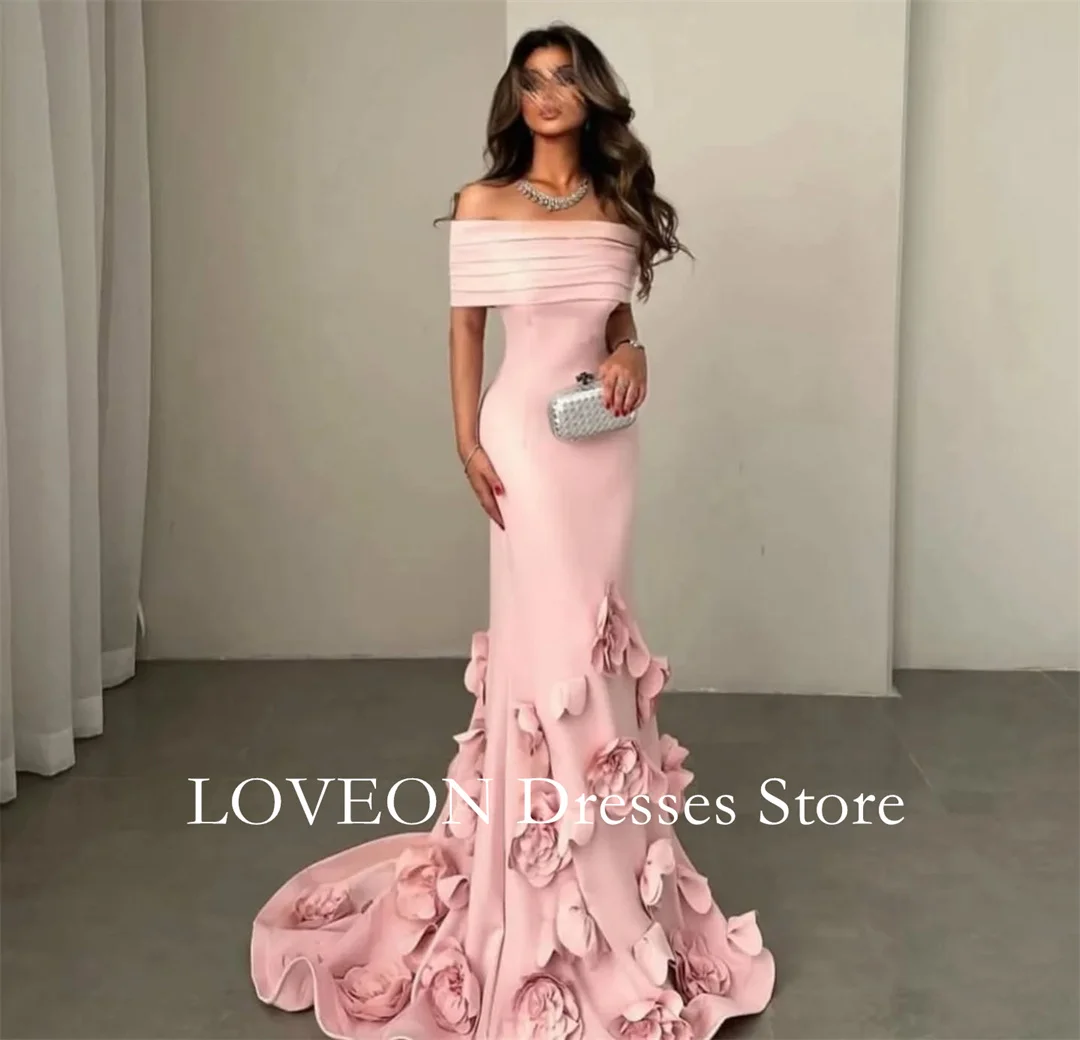 Colavis Off Shoulder 3D Flowers Pink Formal Evening Dresses Pleat  فساتين سهرة  Customized Elegant Prom Growns Party Women