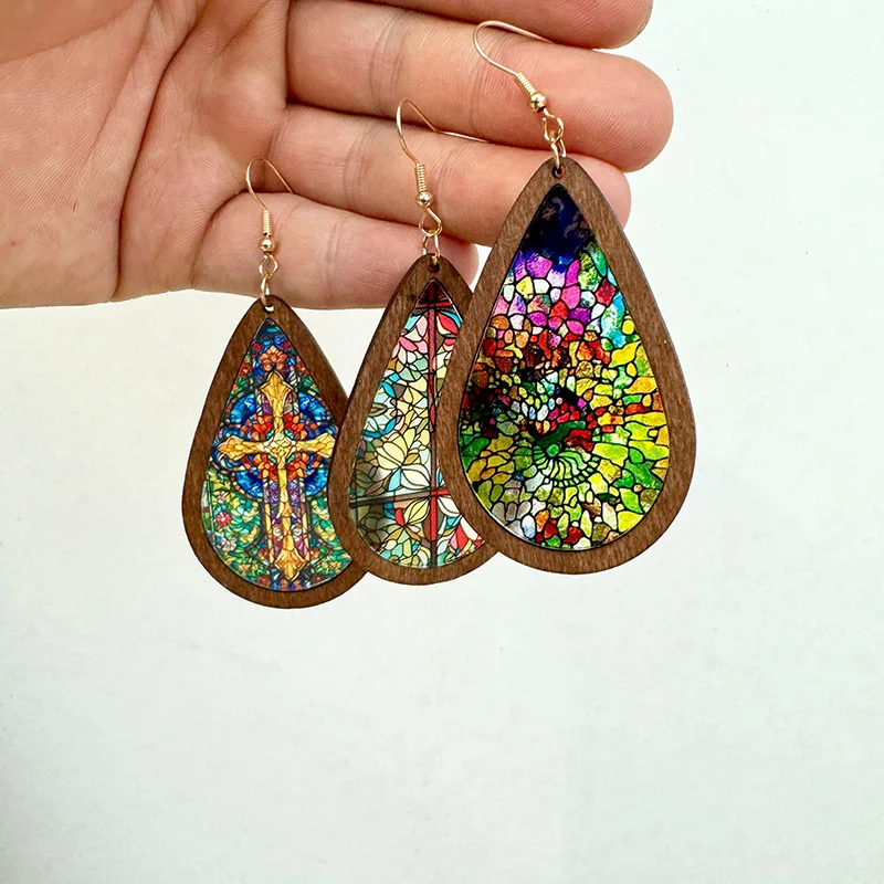 New Fashion Drop-shaped Wood Earrings Acrylic Church Colorful Printing Texture Translucent For Women Vintaeg Gothic Jewelry