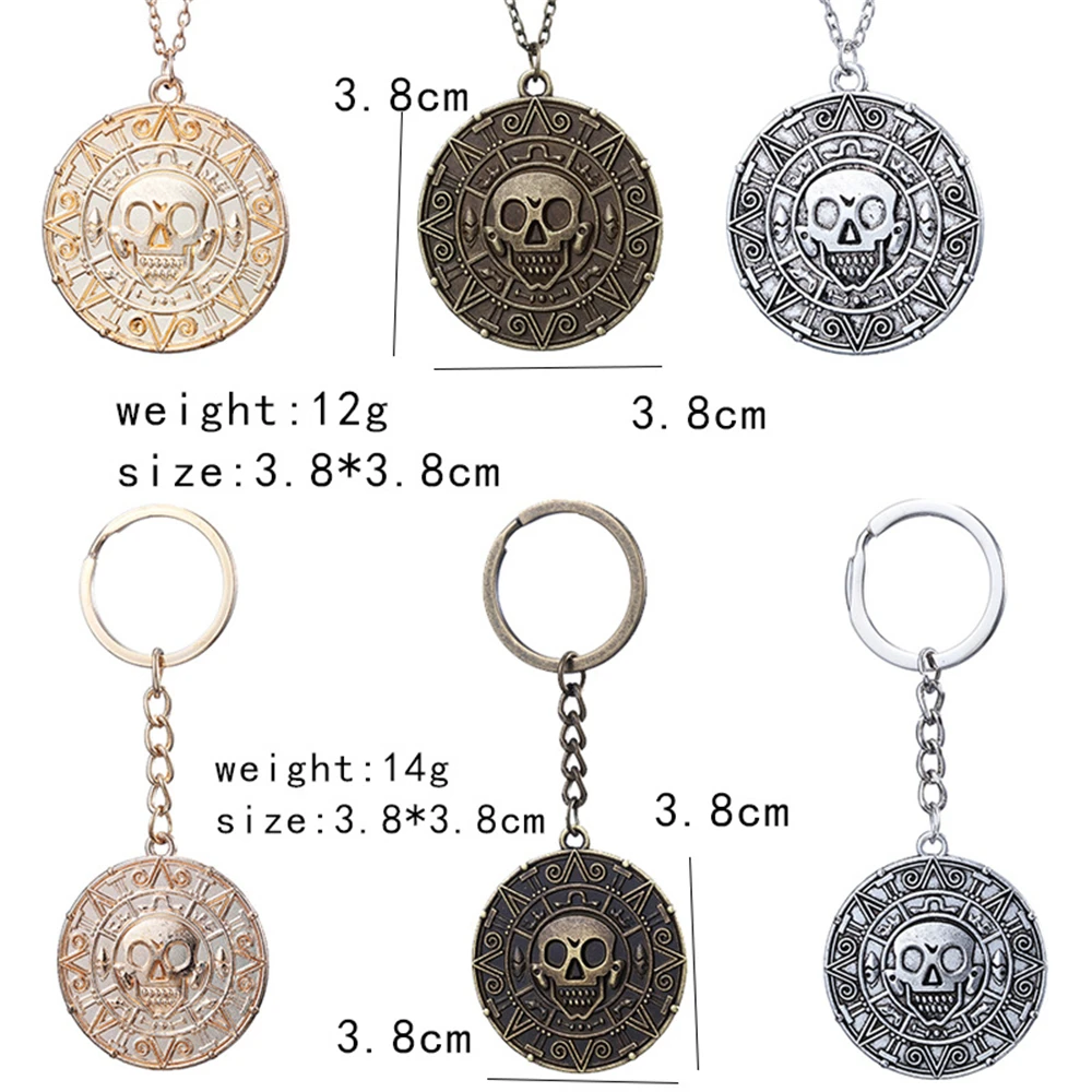 New Pirates Of The Caribbean Keychain Jack Sparrow Aztec Coin Medallion Pendant Necklace Johnny Depp Movie Keyring Jewelry Gifts