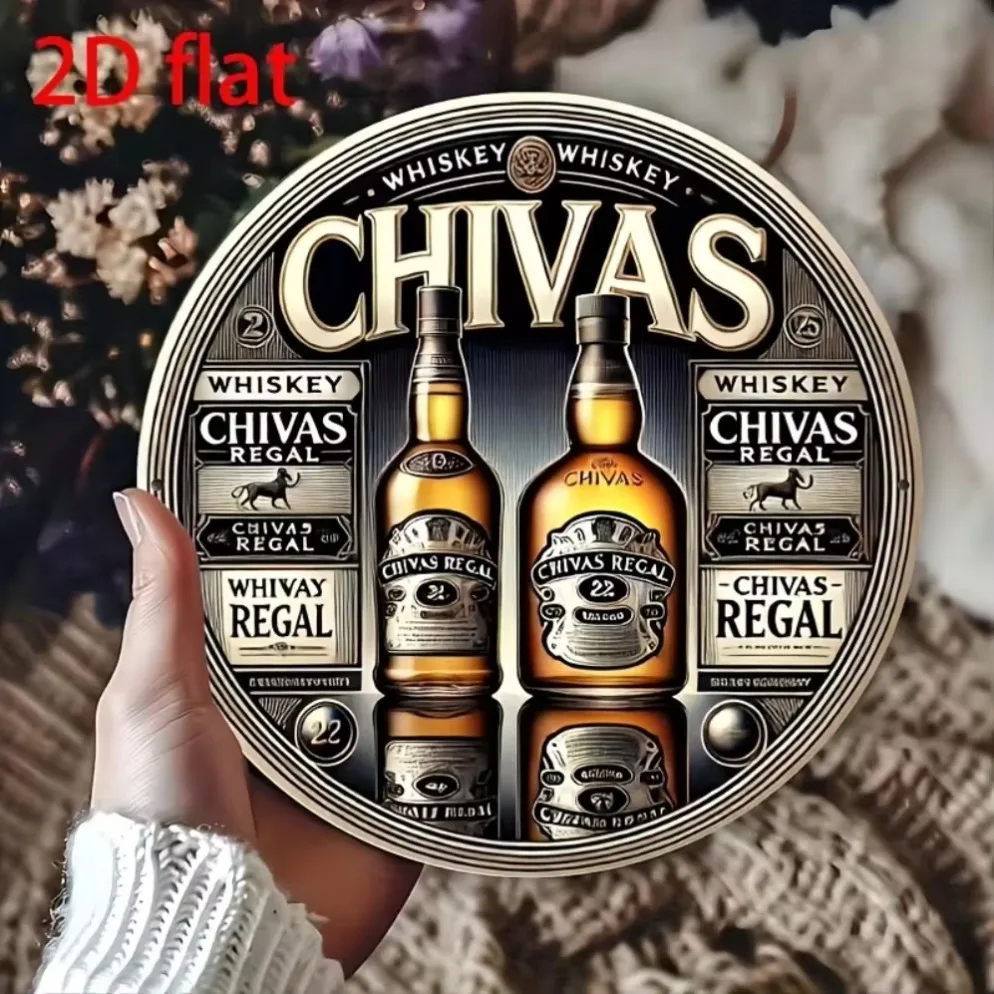 Letrero de metal redondo decorativo "Chivas Whiskey": arte de pared plano de aluminio 2D, decoración duradera para el hogar y la oficina