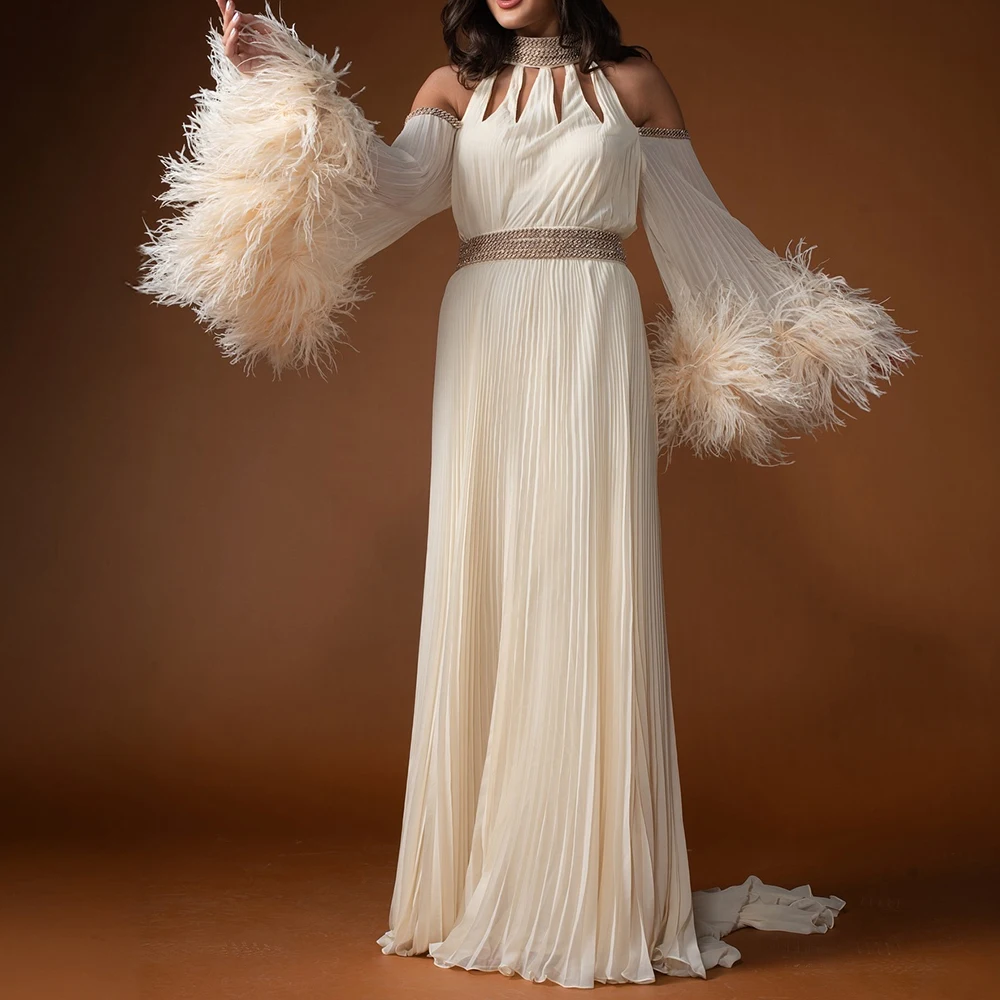 맞춤형 패션 쉬폰 A 라인 오프 숄더 깃털, 이브닝 원피스 기질 바닥 길이, 맞춤형 사이즈