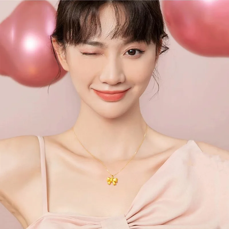 18k Pure Gold Color Solid Bow Necklace Pendant for Women Lucky Yellow Gold Chain Necklaces Engagement Wedding Fine Jewelry Gift